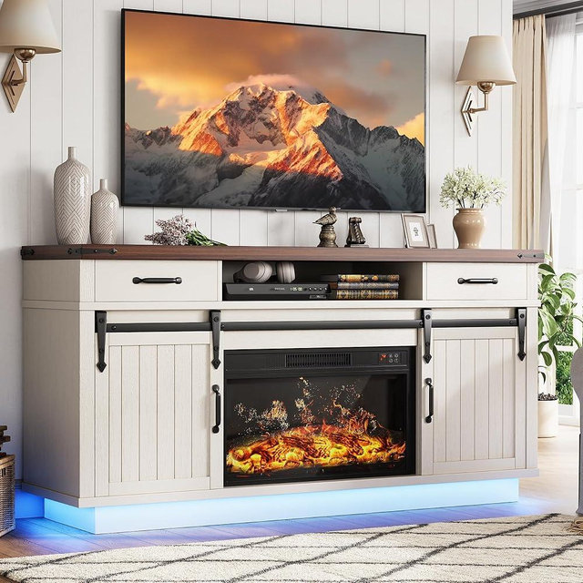 Jocoevol Fireplace TV Stand for TVs up to 65", Electric Fireplace with 3D Flame, Farmhouse LED Light Entertainment Center TV Console with with 2 Drawers, Sliding Barn Door for Living Room - White