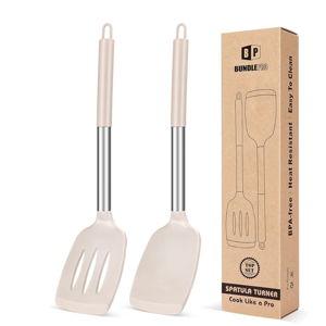 Pack of 2 Silicone Solid Turner, Non Stick Slotted Kitchen Spatulas, High Heat Resistant BPA Free Cooking Utensils, Ideal Cookware for Fish, Eggs, Pancakes(Stainless Steel Khaki)