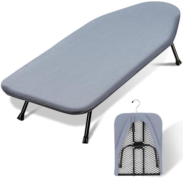 SheeChung Small Ironing Board Tabletop 12"x32",Mini Table Top Ironing Board with Heat Resistant Cover and Thick Pad,Foldable Space Saving Iron Board with Non-Slip Feet for Dorms Travel Use,Grey Blue