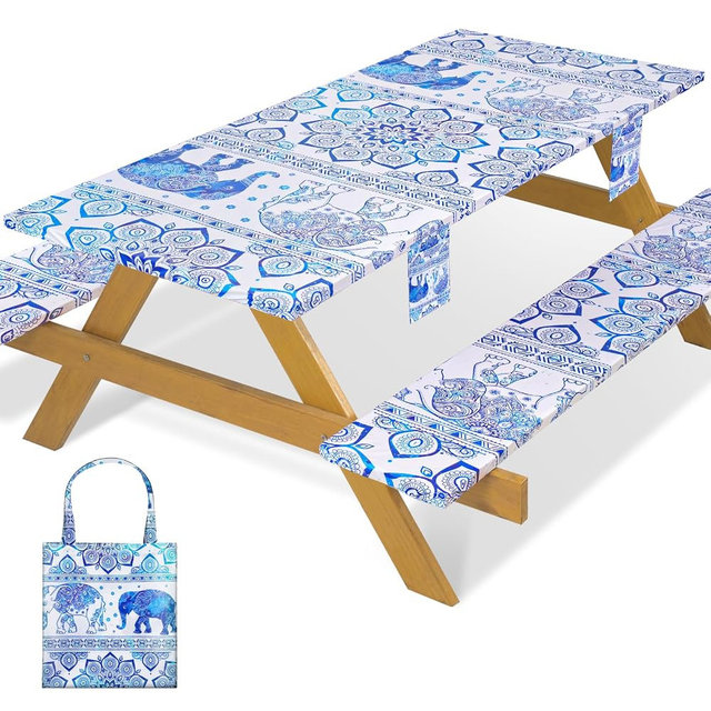 memKiya Fitted Waterproof Picnic Table Cover with Bench Covers Heavy Duty Elastic Outdoor Camping Tablecloth for 8 Foot Rectangle Tables Summer Rv Accessories Patio Garden Road Trip Essentials Gifts