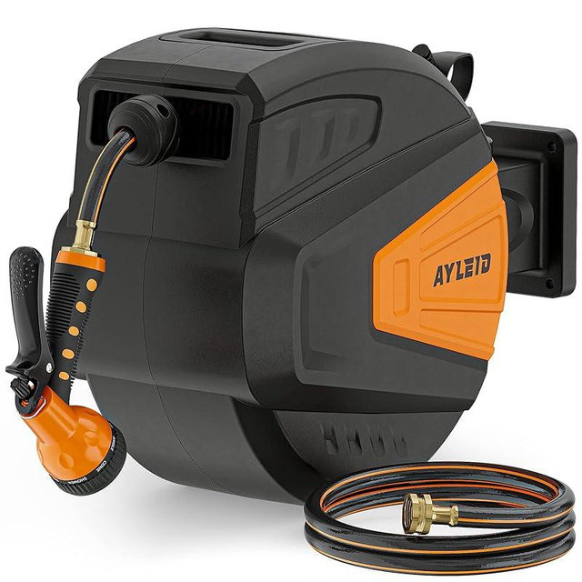 Ayleid Retractable Garden Hose Reel,1/2 in x 65 ft Wall Mounted Hose Reel, with 9- Function Sprayer Nozzle, Any Length Lock/Slow Return System/Wall Mounted/180°Swivel Bracket (Black)