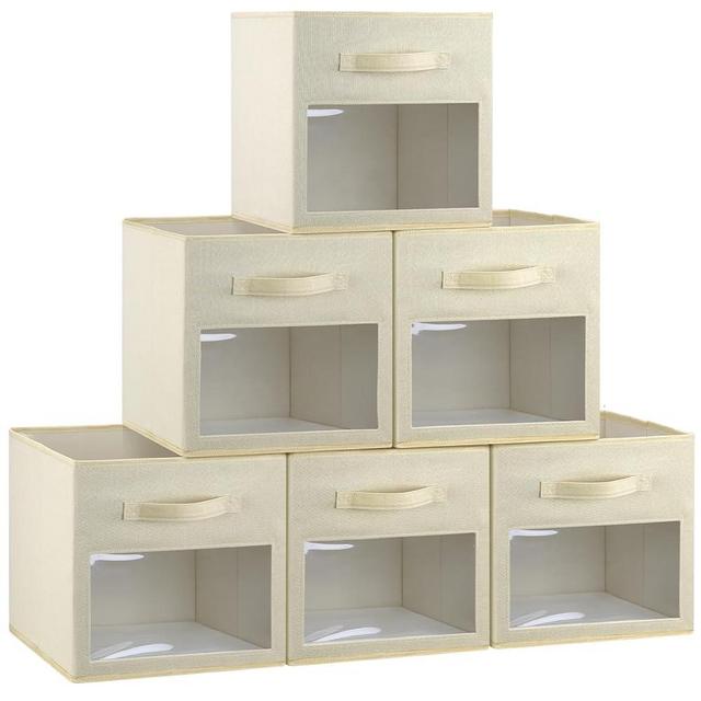 Posprica 13x13x13 Storage Bins with Clear Window, 6 Pack Cube Storage Bins with Handle, Foldable Fabric Storage Container Boxes, Shelf Storage Baskets for Organizer, Clothes, Toys, Books, Closet-Beige