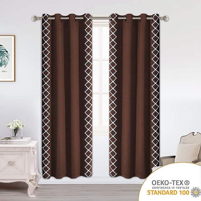 LORDTEX Embroidered Blackout Curtains for Bedroom - Insulated Thermal Curtains, Noise and Sun Light Blocking Grommet Window Drapes for Living Room, 52 x 84 Inch, Chocolate, Set of 2 Panels