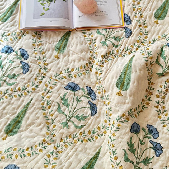 Hand Block Printed Cotton Quilt | Reversible Floral Blanket | Soft Summer Quilt |Jaipuri Bedspread Cozy Indian Comforter | All Season Quilt