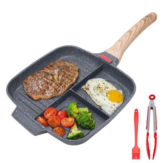 Sectional Skillet, Grill Pans For Stove Tops Nonstick 3 Section Breakfast Pan Meal Skillet Griddle Divided Pan, With Silicone Brush & Clip, 10.5 inch