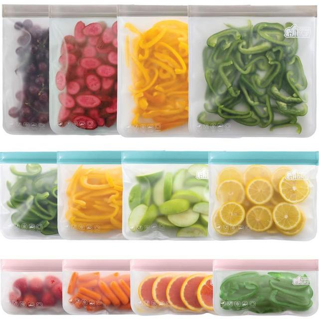 Gorilla Grip Reusable, Leakproof Secure Zip Freezer Safe, Food Grade PEVA Food Storage Bags, 12 Pack, Lunch Storage Baggies, School, Work, Includes 4x Each: Snack, Sandwich, Gallon Size Bag