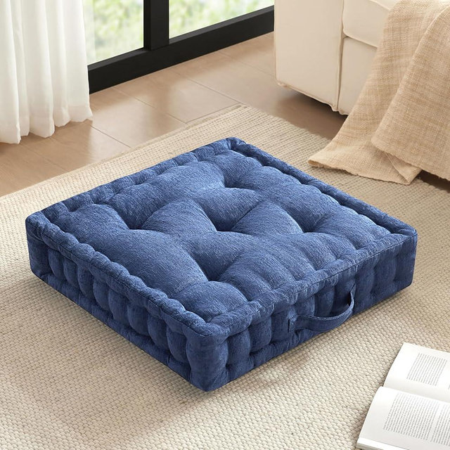 Intelligent Design Large Floor Pillow for Adults Yoga or Meditation Cushion with Handle, Floor Cushion for Board Games, Lustrous Chenille Tufted, Handsewn Scalloped Edge, Azza, 24" x 24" x 5" Navy