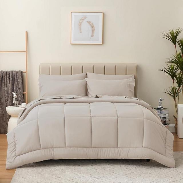 CozyLux Queen Size Comforter Sets - 7 Pieces Bed in a Bag Set Beige, Bedding Sets Queen with All Season Quilted Comforter, Flat Sheet, Fitted Sheet, Pillowcases, Beige, Queen