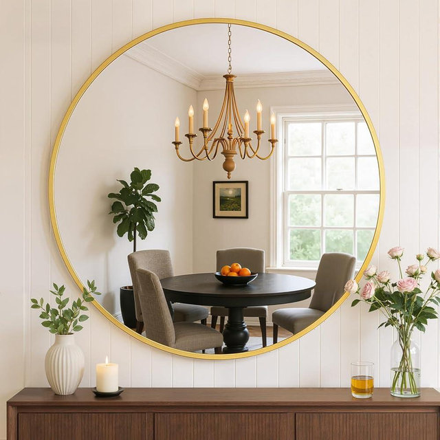 Bathroom Mirror for Wall, 30 Inch Round Mirror, Matte Gold Metal Framed Circle Vanity Mirror for Bathroom Bedroom Living Room Entryway, Anti-Rust, Tempered Glass, Hanging or Leaning