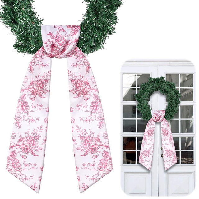 VitalCozy Wreath Sash for Front Door Wreath Satin Sash for Embroidery Monogram Garland Ribbon Accessories Xmas Party Yard Doorway Indoor Outdoor Wall (Red Floral)