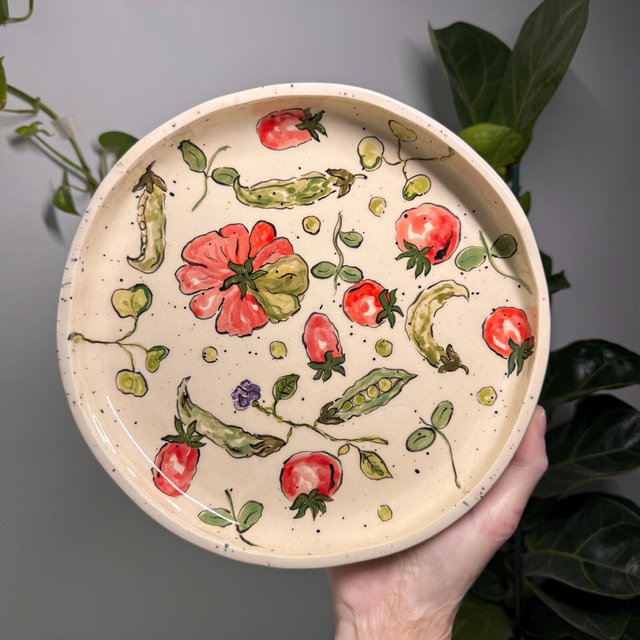 Stoneware Vegetable Serving Plate, Hand Painted Ceramic Gift, Food Safe Bowl, Ceramic Plate with Tomato Design