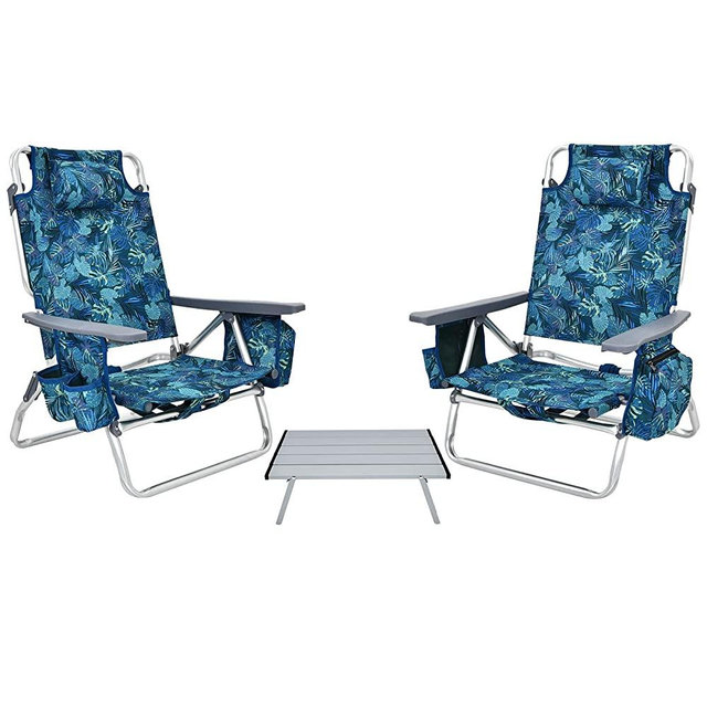 Giantex Folding Camping Chair 3 PCS Beach Chair and Table Set, Outdoor Bistro Set with Sturdy Steel Frame, 5 Positions Backpack Reclining Chair and Aluminum Table for Lawn, Patio Sling Chairs (Navy)