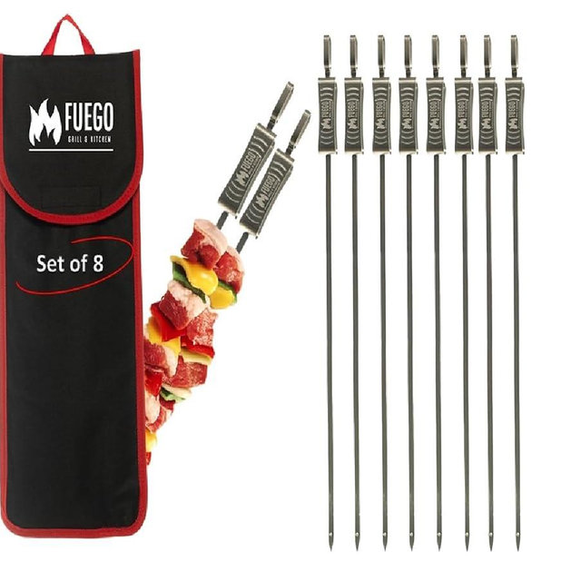FUEGO Skewers for Grilling | Flat Grill Skewers with Slider | Stainless Steel | Dishwasher Safe | Set of 8 (Large)