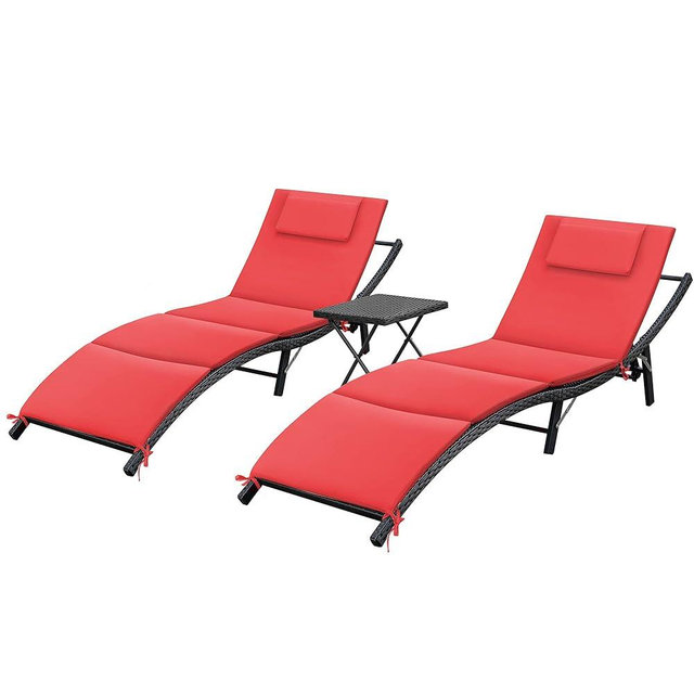 GUNJI Lounge Chairs for Outside 3 Pieces Patio Adjustable Chaise Lounge Outdoor Wicker Lounge Chairs Set of 2 with Table Folding Chaise Lounger for Poolside, Deck, Lawn (Red)
