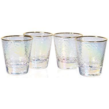 Set of 4 Iridescent Tumbler Drinking Glasses with Gold Rim (8 fl oz)