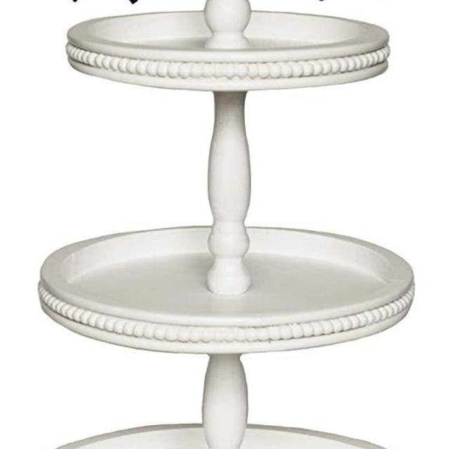 Felt Creative Home Goods 3 Tiered Tray Wooden Serving Stand Large Beaded Tray for Home Decor Display Farmhouse Country Decoration Kitchen or Dining. Includes 3 Finial Custom Handles (White)
