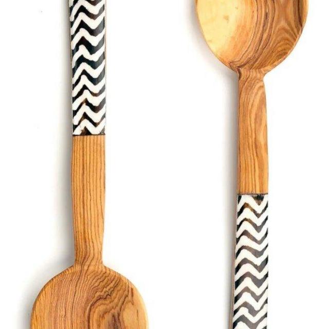 Wild Olive Wood and ZigZag Cow Bone Handle Servers