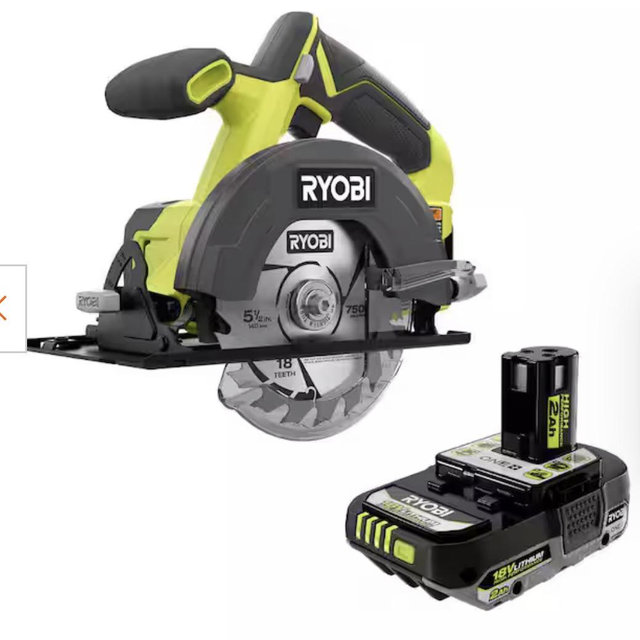 RYOBI ONE+ 18V Cordless 5 1/2 in. Circular Saw with FREE 2.0 Ah Lithium-Ion HIGH PERFORMANCE Battery PCL500B-PBP003