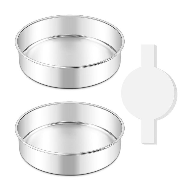 LIANYU 8 Inch Round Cake Pan Set of 2, Stainless Steel Baking Pans with 60 PCS Parchment Paper, Metal Circle Layer Cake Tins for Birthday Christmas Party, Oven & Dishwasher Safe
