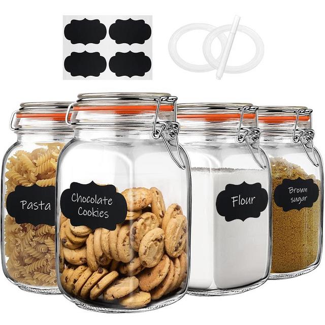 Qianfenie 50 oz Glass Jars with Airtight Lids, Wide Mouth Mason Jars with Clip Top Lids for Kitchen - Square Glass Jars with Chalkboard Labels & Pen and Replacement Silicone Gaskets, Set of 4