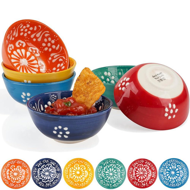 BCS Ceramic Salsa Bowls Set of 6 Small Pinch Bowls for Dipping, Cooking Prep & Charcuterie Board, Soy Sauce Dish, Multicolor Handmade Decorative Mini Serving Dishes Dishwasher Safe (3.2''-3 oz)
