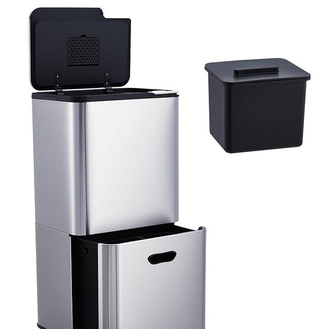 Garvee 16 Gal Dual Trash Can for Kitchen, 2 Compartment (33l + 28l) Garbage Can with Compost Bin, Stainless Steel Trash and Recycle Bin Combo with Removable Inner Bucket, Odor Control, Silver
