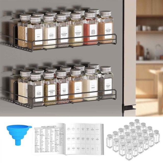 SpaceAid 2 Pack Magnetic Spice Rack with 24 Spice Jars, 400 Labels and Funnel, Space Saving Refrigerator Fridge Oven Shelf Organizer