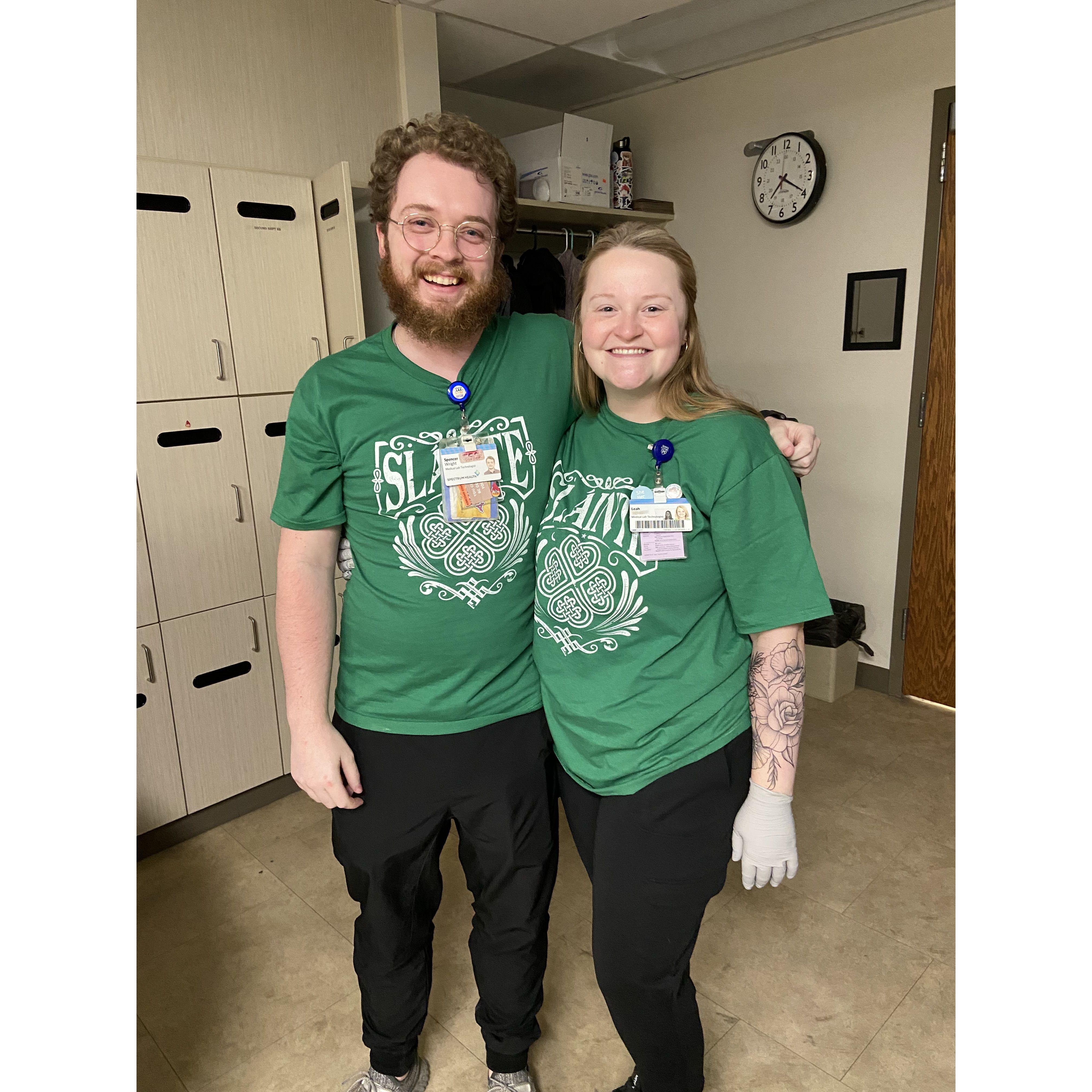 Matching shirts for St. Patrick’s Day. Spencer was done working for the night in Blood Bank and Leah was coming in for the day.