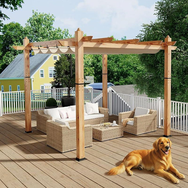 KYBOLT 10x10 Ft Aluminum Pergola Outdoor Gazebo with Retractable Canopy Imitation Wood-Grain Sun Shade Shelter for Garden Patio Backyard Deck(Khaki)