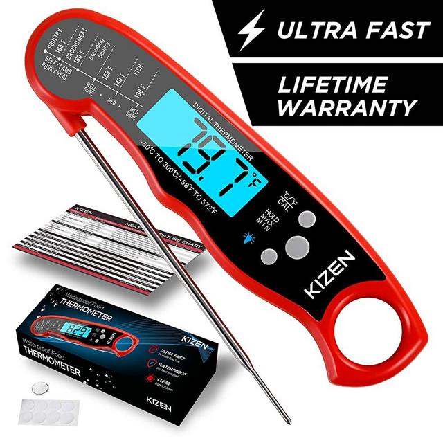 Kizen Instant Read Meat Thermometer - Best Waterproof Ultra Fast Thermometer with Backlight & Calibration. Kizen Digital Food Thermometer for Kitchen, Outdoor Cooking, BBQ, and Grill! (Red Midnight)