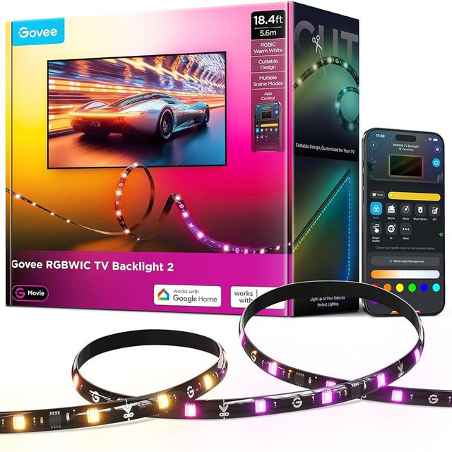 Govee TV LED Backlight 2, 18.4ft Cuttable TV Lights for 32-86 Inch TVs, Color Changing RGBWIC LED Strips Lights with 210+ Scene Modes & Music Sync, Smart APP and Voice Control, Easy Install