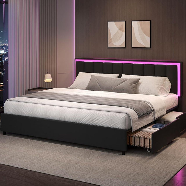 IMMERSTABLE King Size Bed Frame with 4 Storage Drawers, Upholstered Bed Frames with Headboard, RGB LED Lights, Heavy Duty Metal and Wood Slat Support, No Box Spring Needed, Easy Assembly, Black