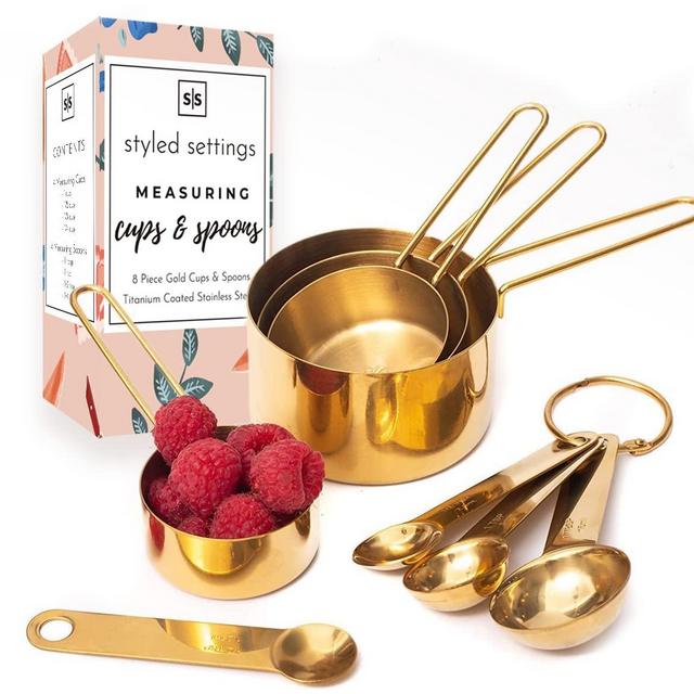 Modern Stainless Steel Measuring Cups and Spoons Set, Gold - Stackable, Stylish, Sturdy Metal Measuring Cups and Metal Measuring Spoons Set (8-Piece) - Cute Measuring Cup Set, Gold Kitchen Accessories