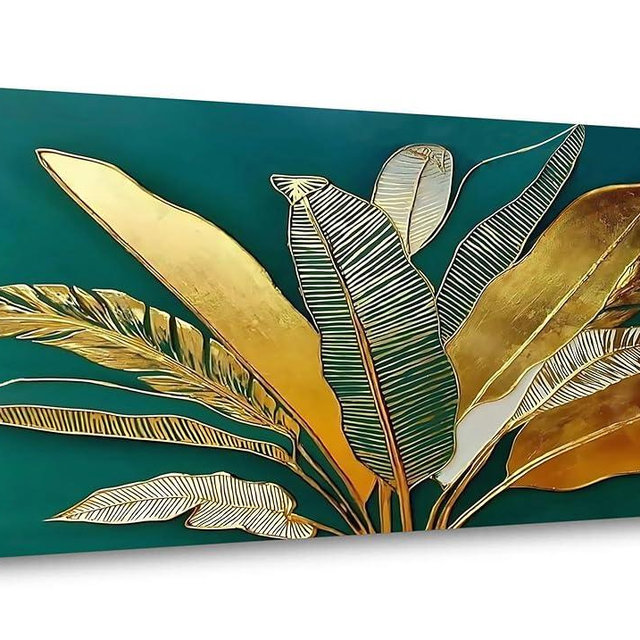 IDAFU Green Leaf Wall Art, Green and Gold Leaves Wall Painting, Emerald Green Tropical Botanical Décor Canvas Prints, Abstract Sage Boho Painting for Office Home Décor, Ready to Hang 40L x 20W