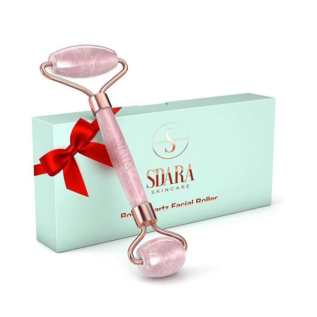 Sdara Rose Quartz Roller - Anti Aging Jade 100% Natural Rose Quartz Jade Roller Massager - For Wrinkles, Eye Puffiness, And Sinus Pressure Relief. Facial Roller For Slimming & Firming Face, Eye, Neck.