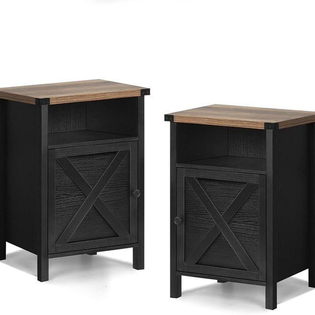 Farmhouse Nightstand, End Table, End Tables with Barn Door and Shelf, Modern Bed Side Table Rustic Nightstands Set for Bedroom, Living Room, Set of 2, Black