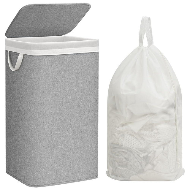 STORAGE MANIAC Metal Frame Laundry Hamper with Lid, 90L Tall Laundry Baskets with Removeable Bag, Large Clothes Hamper with PU Tag, Laundry Bin for Dorm, Collage, Bathroom, Bedroom, Gray