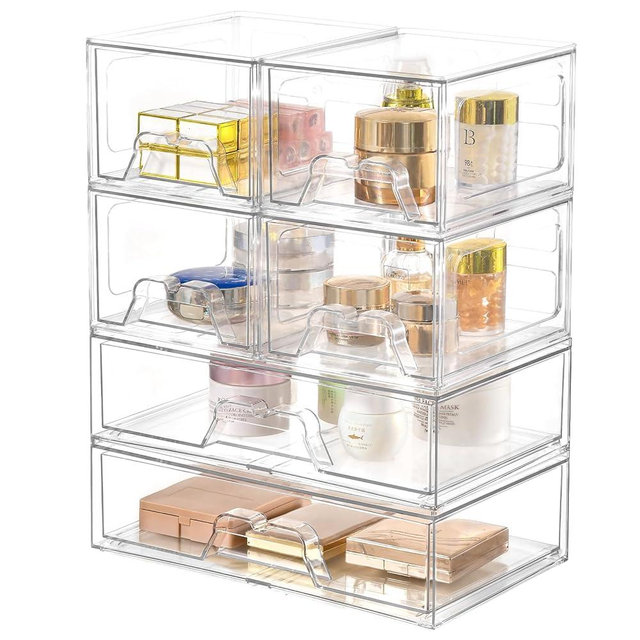 Stebopum 6 Pack Stackable Storage Drawers Clear Acrylic Organizer Makeup Bathroom Organizer and Storage Bins for Beauty Supplies,Ideal for Vanity, Bathroom,Pantry Organization