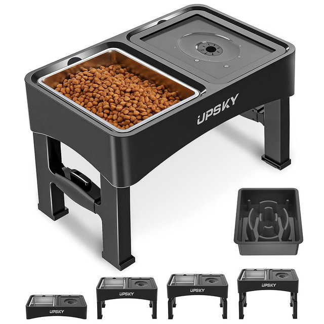 UPSKY 3-in-1 Elevated Dog Bowls Slow Feeder, 4 Height Adjustable Raised Dog Bowl Stand, No Spill Dog Water Bowl and Stainless Steel Dog Food Bowl Dispenser for Small Medium Large Dogs, Cats, Black.