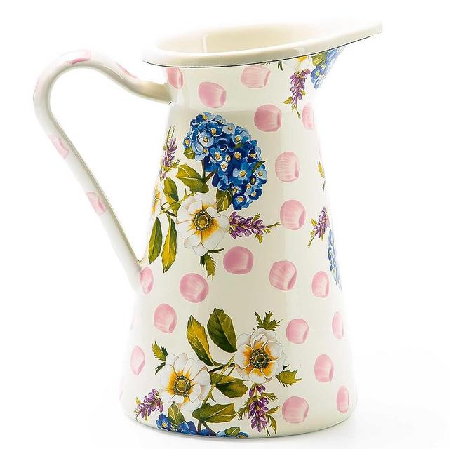 MACKENZIE-CHILDS Practical Enamel Pitcher, Decorative Pitcher for Drinks, Flowers, and Decor, Medium, Pink Wildflowers