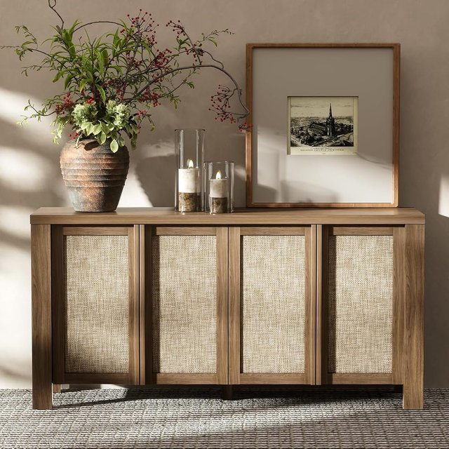 Yechen Buffet Cabinet with Storage, 63" Wide Sideboard with Solid Wood Handles and Rattan Look Accent Doors, Flexible Shelves, for Living Room, Kitchen, Natural Walnut