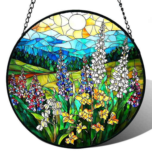 Stained Glass Window Hanging, Wildflowers Plant Scenery Suncatcher for Door Home Decor,Valley Sunrise Sun Catcher Ornament Mother's Day Birthday Gifts for Women Men Mom 6.3 in