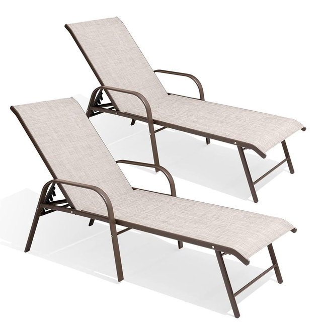 Crestlive Products Chaise Lounge Chair Outdoor with Armrests, Pool Lounge Chairs Set of 2, Aluminum Adjustable 5 Positions Sun Tanning Lounger for Patio, Poolside, Yard, Deck, Backyard (Beige)