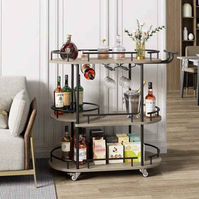Bar Carts with 4-Tiers Storage Shelves, Mobile Bar Seving Carts On Wheels with Wine Rack and Glass Holder for Kitchen, Dining Room-Black+Grey