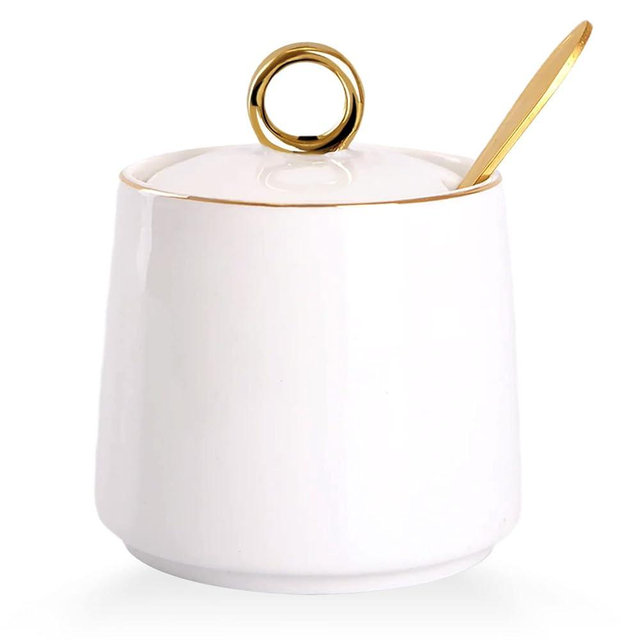 WHJY Ceramic Sugar Bowl with Lid and Spoon, Simple White Clear Porcelain Salt Bowl Salt Container, Modern Spice Box Seasoning Jar for Home and Kitchen Coffee Bar - White