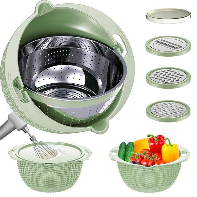 4 in 1 Colander with Bowl Set, Food Strainers and Colanders, Colander for Kitchen, Pasta Strainer, Fruit and Veggie Washer, Fruit Washing Bowl with Strainer, Kitchen Essentials Set, Green