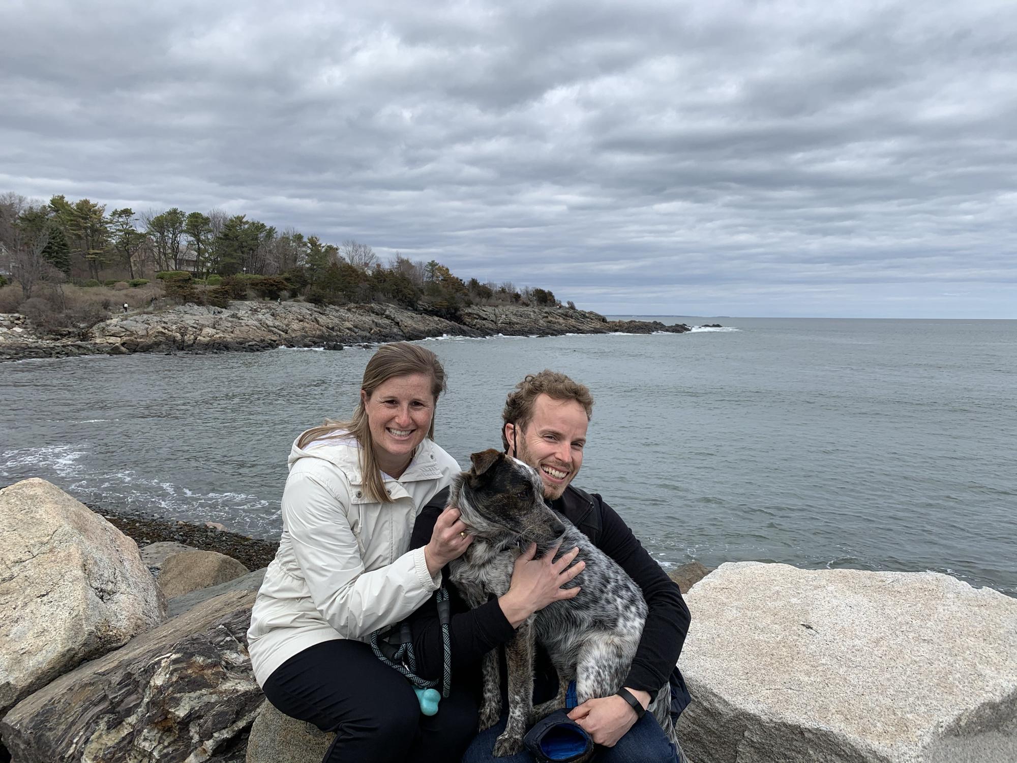 After a nice walk in Ogunquit with Danny's family, Todd snapped this fun photo of us with Charlie... Charlie loves our laps!