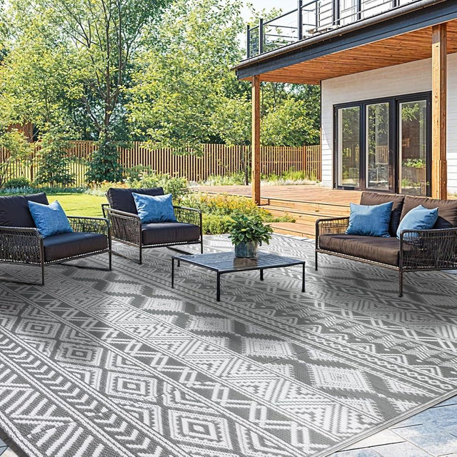 LIANLAM 8'x10' Reversible Outdoor Rug - Eco-Friendly Plastic Straw Rug-Heavy-Duty Waterproof Mat, UV & Fade Resistant for Patio, Camping, RV, Deck, Balcony(8x10,Gray&White)