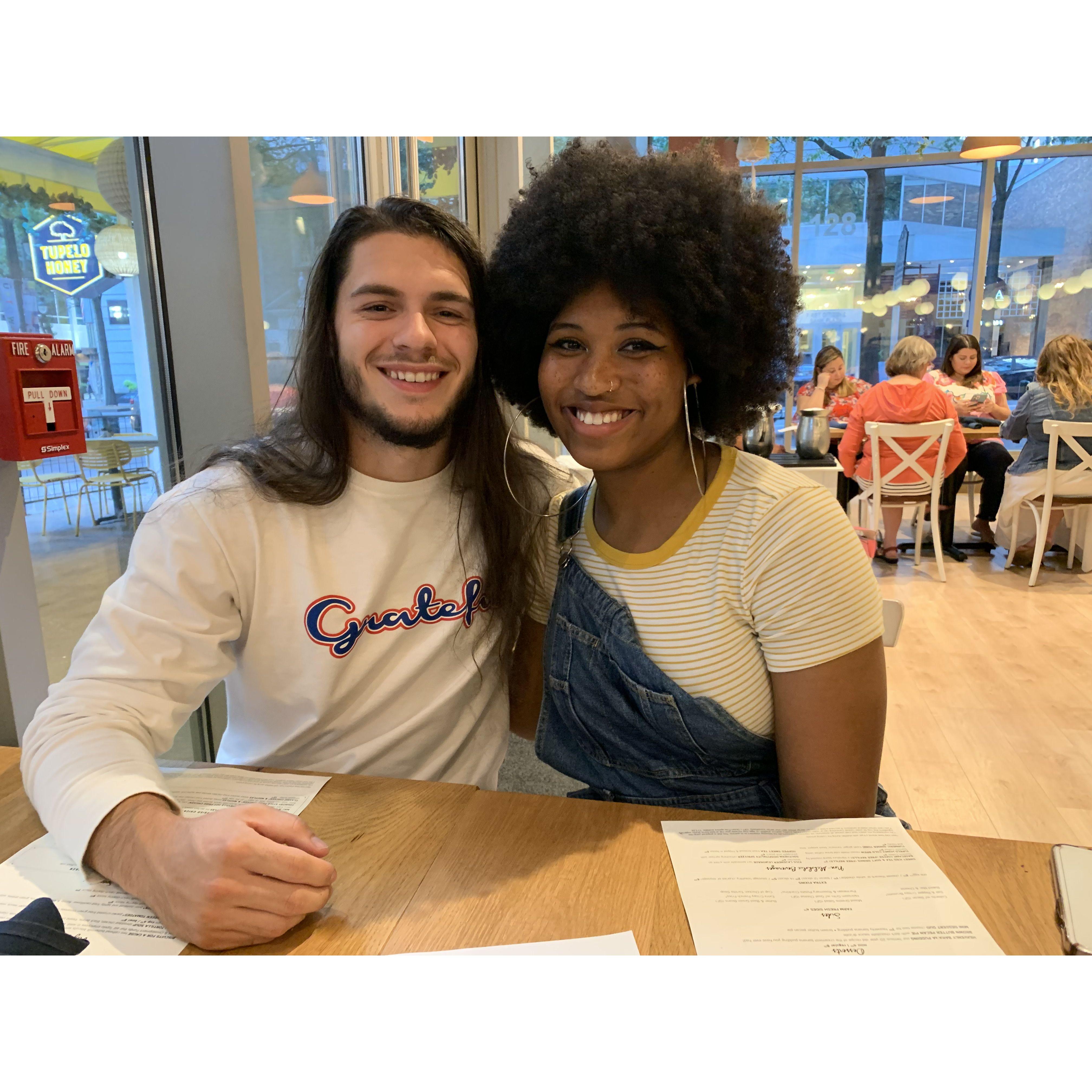 Day trip to Charlotte, North Carolina with our friend Mya! She took this picture of us at a restaurant we are at.