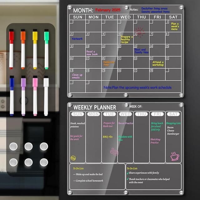 Magnetic Acrylic Calendar for Fridge, 2 Pack Clear Dry Erase Board for Refrigerator, Monthly Planner and Weekly Planner with 8 Colorful Markers, Meal Planner Menu Board for Fridge -14.5''*11.5‘’